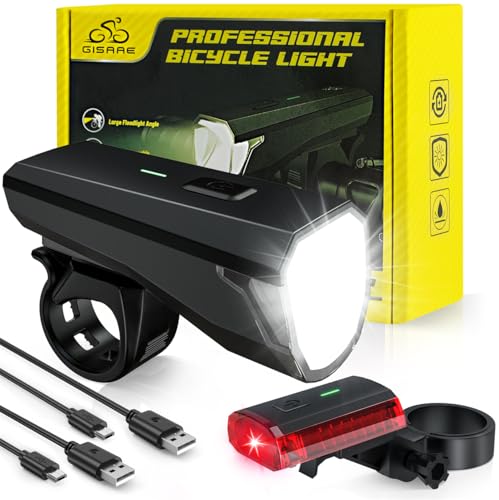 Gisaae Fahrradlicht, USB Wiederaufladbare Fahrrad licht Set, Fahrrad Lichter Vorne mit 1700mah Lithium-Batterie, IPX4 wasserdichte Fahrrad Lichter Led Set, Fahrradbeleuchtung für Nachtfahrten