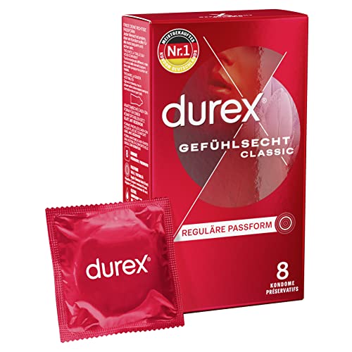Durex Gefühlsecht Classic Kondome – Dünne Kondome mit anatomischer Easy-On-Form & mit Silikongleitgel befeuchtet – 8er Pack (1 x 8 Stück)