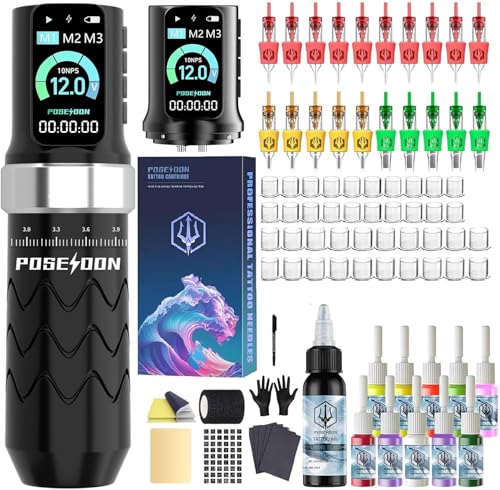 POSEIDON Kabelloses Tattoo-Maschinen-Kit mit 7 Stroke-Einstellungen, zwei 2300-mAh-Batterien, Normal-/Punkt-Modi & LED-Anzeige, professionelles tragbares Tattoo-Stiftpistolen-Set für Anfänger
