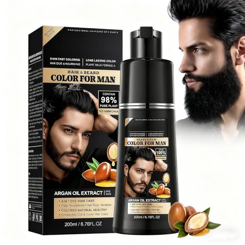 Schwarz Haarfärbeshampoo für Männer, 4-in-1 Black Hair Dye Shampoo mit Arganöl, Bart & Haare Färben, Natürliche Haarfarbe für Grauabdeckung, Haarfarbe Schwarz, 200ml