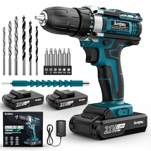Sundpey Akkuschrauber 21V Akku Bohrmaschine - Akku Bohrschrauber mit 2x2000mAh Akku, 45 N.m Max, 2-Gang Tempo, 18+1 Drehmomentstufen, 10mm Bohrfutter, 19PCS Akkuschrauber Set für Haus DIY Projekt Blau