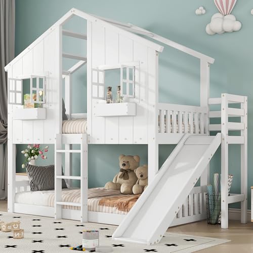 Kinderbett Etagenbett 90x200, Hochbett Hausbett mit Rutsche&Leiter&Fenstern&Dach&Aufbewahrungsbox, Stockbett Doppelbett Holzbett Jugendbett mit Lattenrost&Rausfallschutz, Kiefer, Ohne Matratze, Weiß
