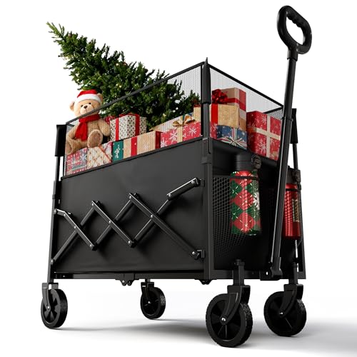 RYGEO Faltbarer Wagen mit Rädern, zusammenklappbarer Wagen mit verstellbarem Griff, 120L und 550LB große Kapazität, für Einkaufen, Camping, Garten, Strand und Outdoor-Sport (schwarz)