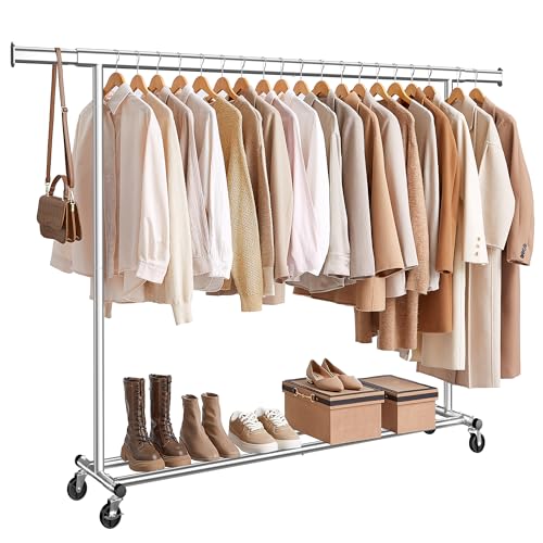 SONGMICS Kleiderständer auf Rollen, Schwerlast-Garderobenständer, ausziehbare Kleiderstange, bis 150 kg belastbar, einfache Montage, transportabel, silbern HSR175E01