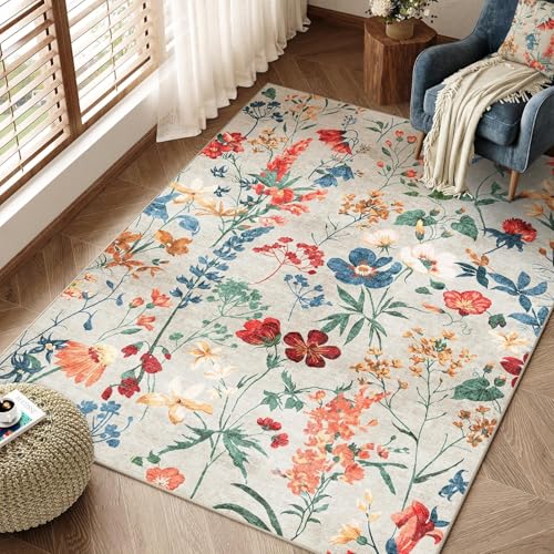 Beige Waschbarer Teppich Blumenmuster 150x80cm Blumen Boho Neutral Modern Rugs for Living Room Weich rutschfest Groß Tepich Kurzflor Schlafzimmer Carpet Esszimmer Bedroom Teppiche Büro