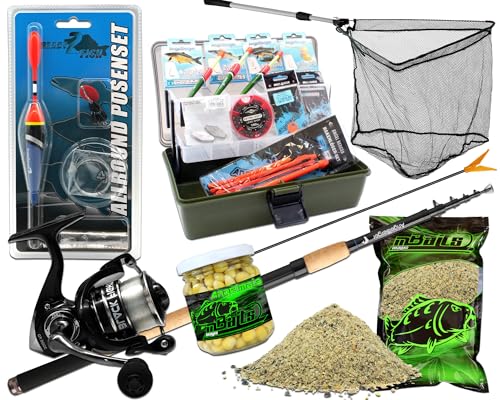 Riesiges Angelset Angelausrüstung Rute Gerätekoffer Kescher Angelkomplettset