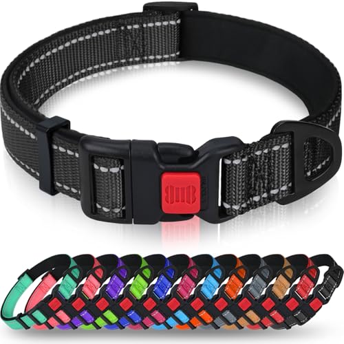 Taglory Hundehalsband, Weich Gepolstertes Neopren Nylon Hunde Halsband für Große Hunde, Verstellbare und Reflektierend für das Training, Schwarz