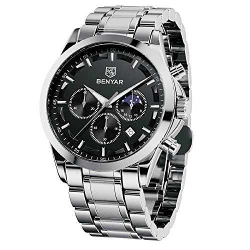 BENYAR by Uhren Herren Edelstahl Armbanduhr Herren Chronograph Analog Quarz Wasserdicht Herrenuhr Leuchtende Datum Mode Lässig Business-Kleid Uhren Elegantes Geschenk fur Männer