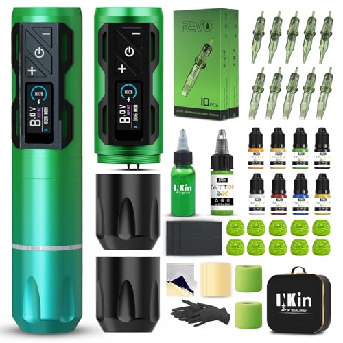 INKin Tattoo Maschine Set, Tätowiermaschine Set mit 2 1800mAh Akku Stromversorgung 4.0 Hubläng Tattoomaschine, Tattoo Set mit Revo Tattoo Nadeln und 8 Tattoo Ink für Tattoo Künstler und Anfänger -CL4