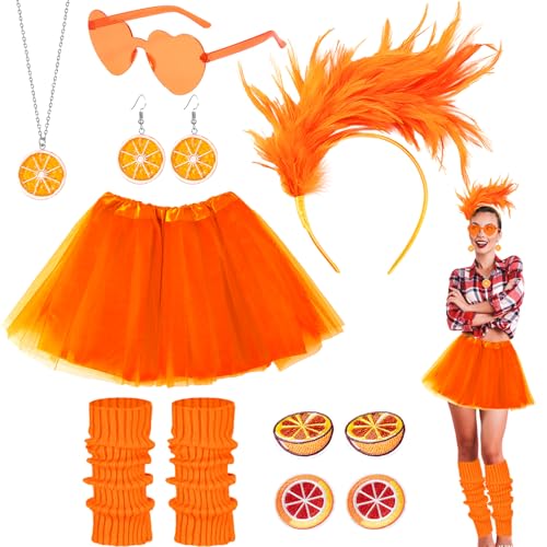 10 Stück Orange Tüllrock Karneval Kostüm Set, Aperol Kostüm für Damen mit Tutu-Rock Beinbedeckung Stirnband Sonnenbrille Halskette Ohrringe Selbstklebend Aufklebers für Fasching Festival Party