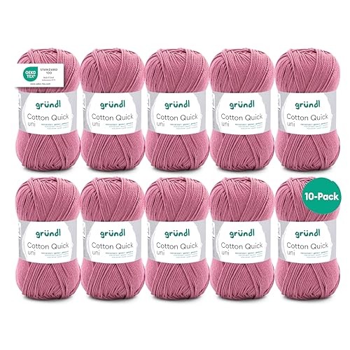 Gründl Wolle Cotton Quick uni - dünne Wolle zum Häkeln - Strickgarn - Häkelgarn - Glänzend und hautfreundlich - 100% Baumwolle - 10 Knäuel 50 g / 125 m - Nadelstärke 3-4 - altrosa