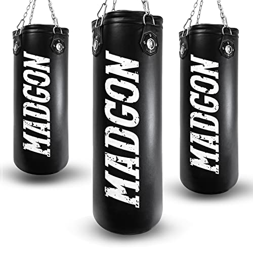 MADGON Boxsack gefüllt & ungefüllt 80/120/150cm Höhe. Sandsack mit optimaler Schlagdämpfung für sicheres Training. Punch Bag mit Langer Haltbarkeit für Erwachsene & Jugendliche. Mit Kette + Karabiner