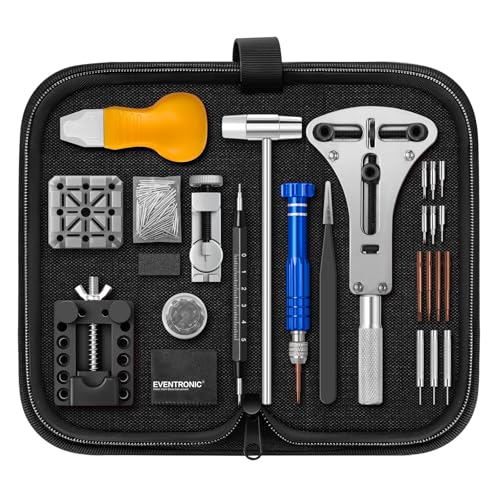 Eventronic 【Upgrade 2025】 Uhrenwerkzeug Set, Uhr Batteriewechsel Werkzeug Uhren Reparatur, Uhrmacherwerkzeug Set mit Uhrenoffner öffner, Schraubendreh, Federstegwerkzeug, Schwarze Nylontasche