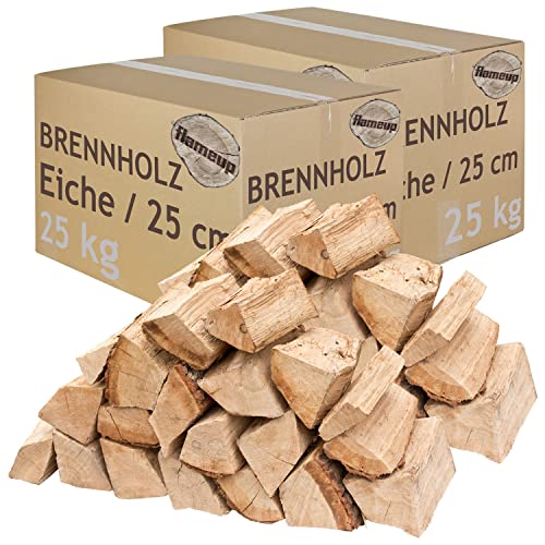 Brennholz Kaminholz Holz Eiche 5-500 kg Für Ofen und Kamin Kaminofen Feuerschale Grill Feuerholz Holzscheite Wood 25 cm kammergetrocknet flameup, Menge:50 kg