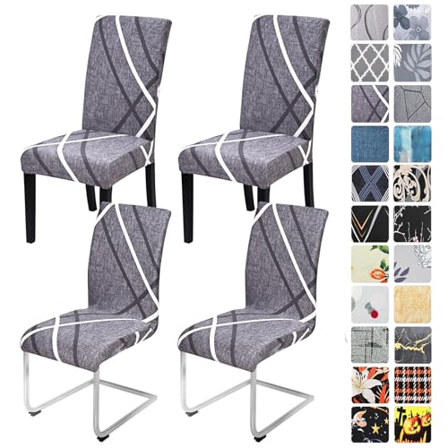 Alishomtll Stretch Stuhlhussen 4er/6er Set Grau Stuhlbezug Schwingstuhl Elastische Hussen Abnehmbarer Waschbarer Stühle Schutz für Esszimmer Küche Restaurant Hotel Bankett (Grau Weiß Linien, 4 Stück)