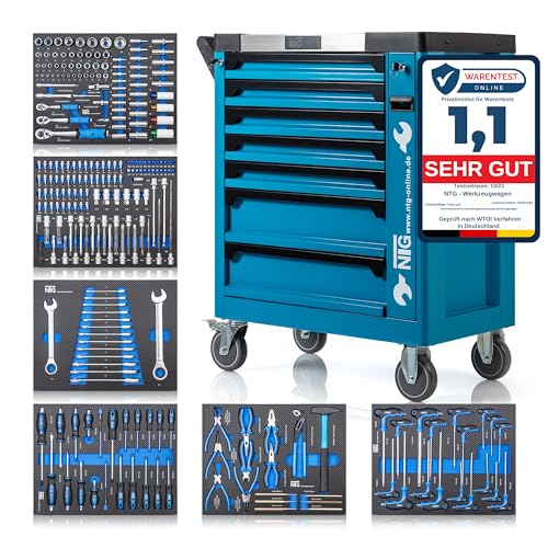 NTG Werkzeugwagen bestückt mit Werkzeug + 7 Schubladen | 252 Teilig | Abschließbar | Davon 6 mit Werkzeug | Mit Soft Inlays in Carbonoptik | Werkstattwagen gefüllt Werkzeugkasten Werkzeugkiste