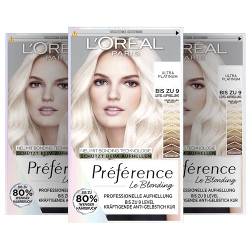 L'Oréal Paris Extrem Aufheller für platin-blondes Haar, Mit Anti-Gelbstich und Anti-Haarbruch Technologie, Permanente Haarfarbe, Préférence Le Blonding, 9L Helles Platinblond, Multipack