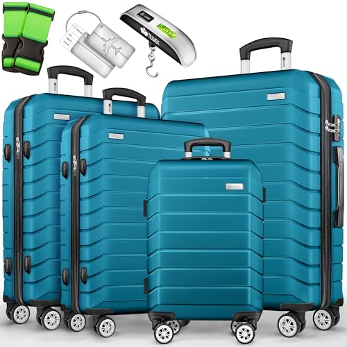 tillvex® Reisekoffer Set 4-teilig + Gepäckwaage, 8X Koffergurte & 4X Kofferanhänger | Kofferset 4 Rollen | Trolley Gepäck Koffer TSA Schloss | Hartschalenkofferset S-M-L-XL