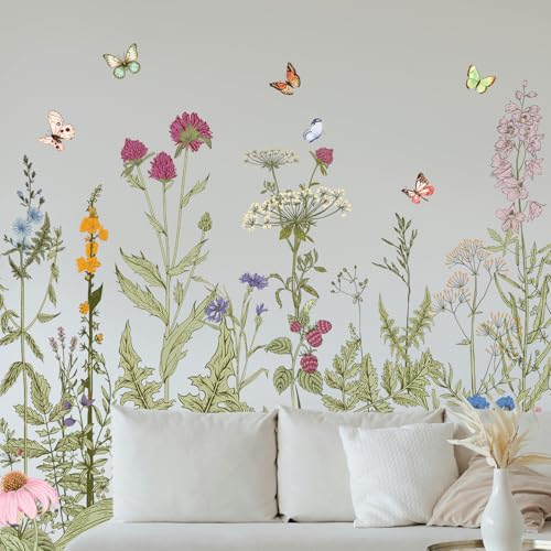 Abziehbare Peel And Sticks,Mohnblumen Pflanzen Blume und Schmetterling Green flower Wandsticker,Wandtattoo Blumen stickers for Home Schlafzimmer Wohnzimmer Sofa living room, tv decor