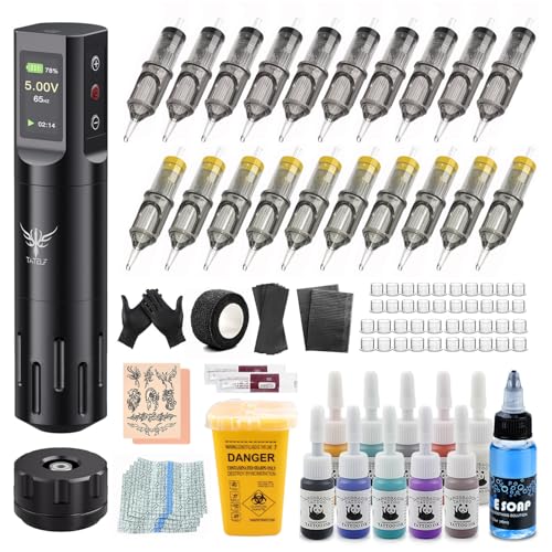 Drahtlos Pen Maschine Set mit LCD Display Battery 10 Tinte 20 Stück Nadel RCA Connector Komplettes Zubehör für Anfänger und Künstler TATELF