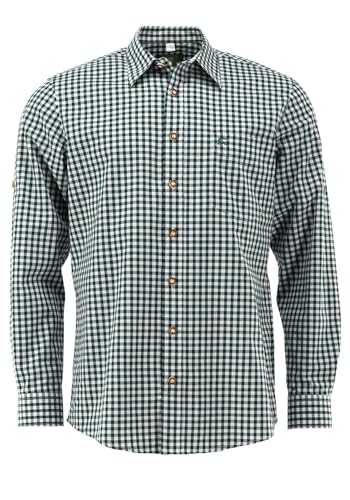 OS Trachten Herren Hemd Langarm Trachtenhemd mit Liegekragen Ukazui, Größe:43/44, Farbe:dunkelgrün