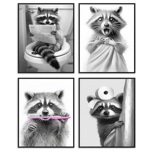 Dazzlewall 4er Set Komische Waschbär Badezimmer Wandkunst, Retro Schwarz-Weiß Süßer Waschbär Wandbilder für Toilette Badezimmer Ohne Rahmen 20x25 cm