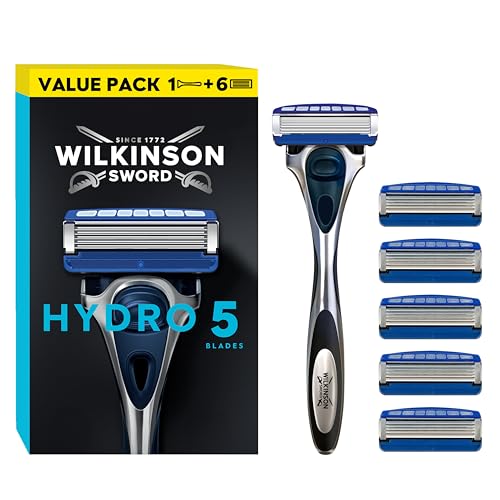 Wilkinson Sword - Hydro 5 Rasierer für Männer, Rasiergriff + 6 Rasierklingen, Feuchtigkeitsspendende Gel-Pools und umklappbarer Trimmer