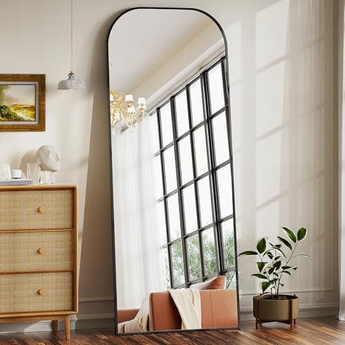 BEAUTYPEAK 142x52 cm Minimalistische Rahmen Standspiegel, Ganzkörperspiegel zur Wandmontage oder Freistehend, Bruchsichere Linse, Großer Wandspiegel für Schlafzimmer, Flur, Wohnzimmer Schwarz