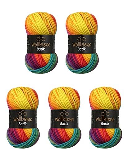 5 x 100g Wollbiene Batik 500 Gramm Wolle mit Farbverlauf mehrfarbig Multicolor Strickwolle Häkelwolle (5910 regenbogen)