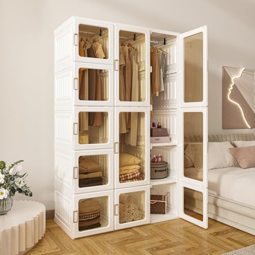 MAYIBOX Zusammenklappbarer Kleiderschrank,104x170x50cm, schnelle Montage, vielseitiger Schrank mit Kleiderstange und Magnettüren, perfekt für Schlaf&Wohnzimmer, Braune transparente Türplatte