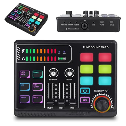 Gaming Audio Mixer,RGB Mischpult für XLR Mikrofon PC Mixer for Streaming mit 48 V Phantom Power,DIY Sound Effects,Volume Control für Streaming Musiker,Gesang,Gaming,Podcast, Aufnahme