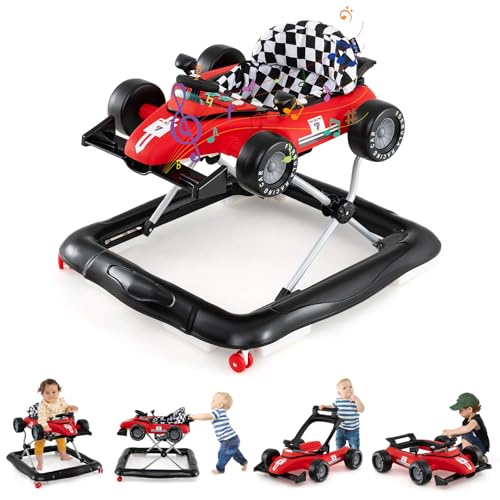 COSTWAY 4 in 1 Lauflernhilfe, Lauflernwagen klappbar mit einstellbarer Höhe, Baby Walker Autoförmig mit Lenkrad & Spieluhr, Laufwagen mit Rädern für Baby von 6–18 Monaten (Rot)