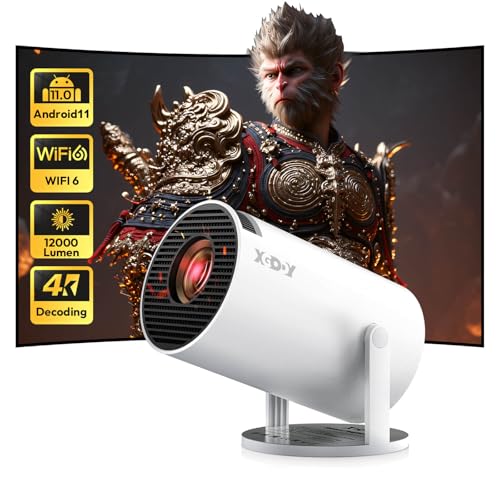Mini Beamer [2025 Upgraded & Android 11.0] Native 720P HD, unterstützt 4K 1080P, Xgody Gimbal 3 New Tragbarer Projektor 12000 Lumen, WiFi 6, Bluetooth, Auto Keystone, Videoprojector für Heimkino(weiß)