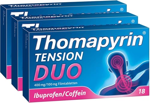 Thomapyrin TENSION DUO Schmerztabletten bei stärkeren Kopfschmerzen| 3x18 Stk | Einzigartige Kombination aus Ibuprofen und dem Booster Coffein | Wirkt 40% stärker als Ibuprofen 400 mg