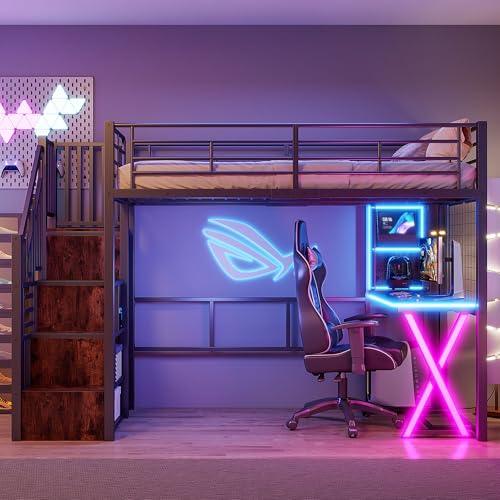 LED Hochbett 90x200 cm mit Schreibtisch, Bücherregal, Treppe und Kleiderschrank, Etagenbett mit Lattenrost, Funktionsbett Metallbett Spielbett Kinderhochbett Jugendhochbett, ohne Matratze, Schwarz