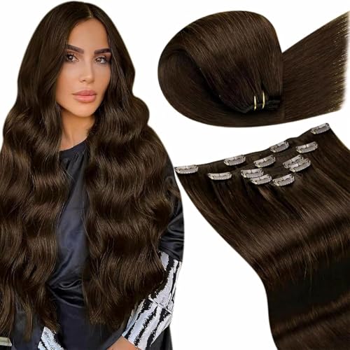 LaaVoo Clip in Extensions Echthaar Braun Extensions Clip in Echthaar Haarverlängerung für Komplette Kopf Glatt Clip in Extensions Braun Doppelt Tressen Remy 30cm 5Stück/70g