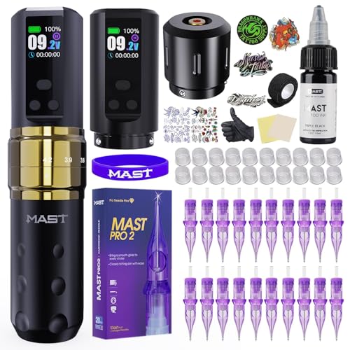 Mast Fold2 Pro Kabellose Tattoo Maschine Set Rotary Tattoo Pen mit 2x 2000mAh Akkus, RCA-Connect, Komplettset Kit Nadeln & schwarzer Tinte für Profis gold color