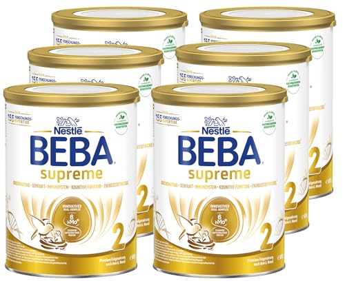 BEBA SUPREME 2 - Folgemilch nach dem 6. Monat, Mit 6 HMO Komplex, Patentiertes Produkt, Nur Laktose, Ohne Palmöl, Ohne Fischöl, Babynahrung, Baby-Milchpulver, 6er Pack (6 x 800g)