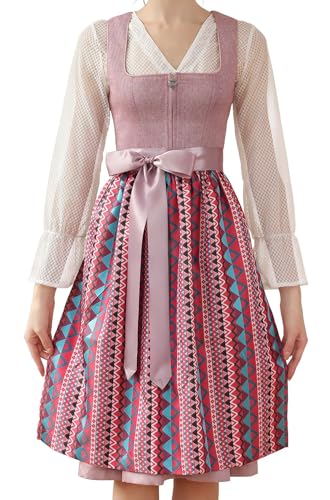 EIISSION Damen Trachtenkleid Rosa mit 3-teiligem Dirndl-Set - Schürze & Bluse - Oktoberfest Dress - Größe 42