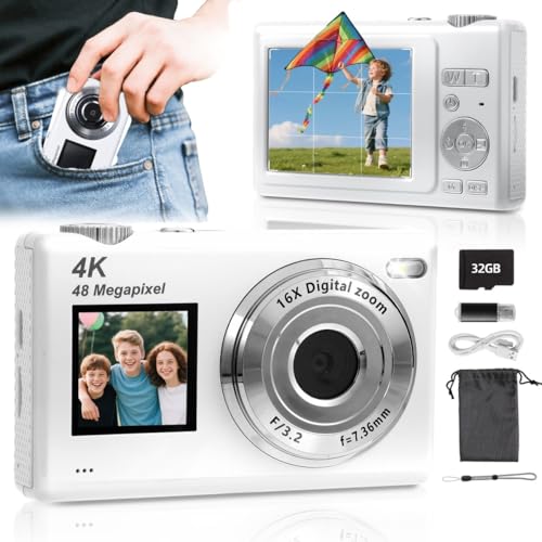 ARNSSIEN Digitalkamera mit Dual-Bildschirm, Autofokus 4K 48MP Vlogging Kamera Fotokamera mit 32GB Karte,Kompaktkamera, 16X Zoom, Anti-Shake, Geschenk für Kinder Teenager Anfänger,Y5