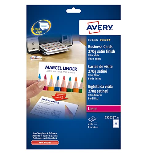 AVERY Zweckform C32026-25 Premium Visitenkarten, blanko (250 Stück, 270g, 85x54 mm, beidseitig bedruckbar, satiniert ultraweiß, absolut glatte Kanten, 25 Blatt) zum Selbstbedrucken auf Laser-Druckern