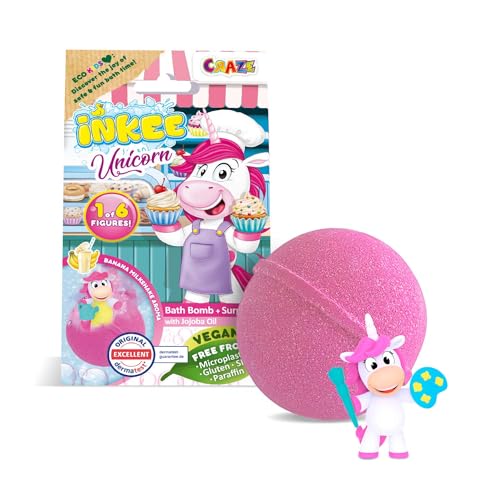 INKEE Surprise UNICORN PROFESSIONS | Einhorn Badebombe Kinder mit Überraschung - 1 von 6 verschiedenen Einhörner zum Sammeln - Badekugel 100g mit Bananenmilchshake-Aroma und Jojobaöl, Rosa oder Grün