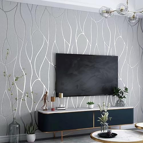 Pamatio Tapete Silber Grau Vliestapete für Wohnzimmer Schlafzimmer - 9,5 x 0,53m Leicht Glänzend Streifen Strukturiert Tapeten, Moderne Gebogene Gestreifte Wand Tapeten