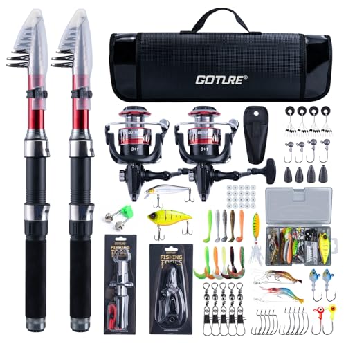 Goture Angelset mit 2 Teleskop-Angelruten, 2,7m Angelrute Set Komplett 2 5.2:1 Spinnrolle, Angelzange, Köderbox & Tragetasche – für Salz-/Süßwasser, Reisen–Angelgeschenk