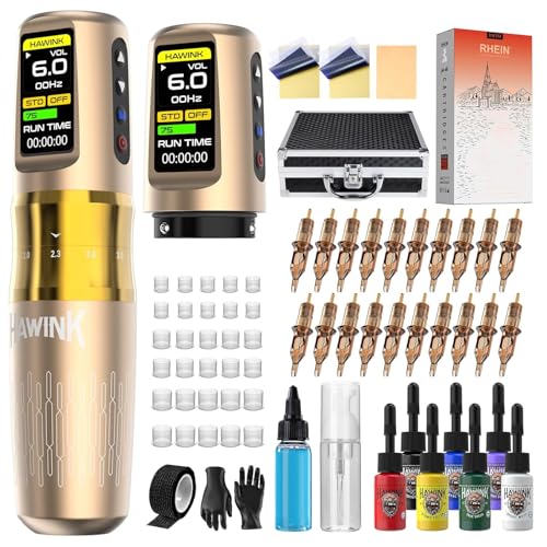HAWINK Wireless Tattoo Maschine Set mit 2PCS 1600mAh Akku 4 Modi 7-Takt Einstellbar 20PCS Cartridges Nadeln 7 Tattoo Inks Aluminium-Legierung Koffer for Anfänger und Künstler HW-TKE300AEU-9