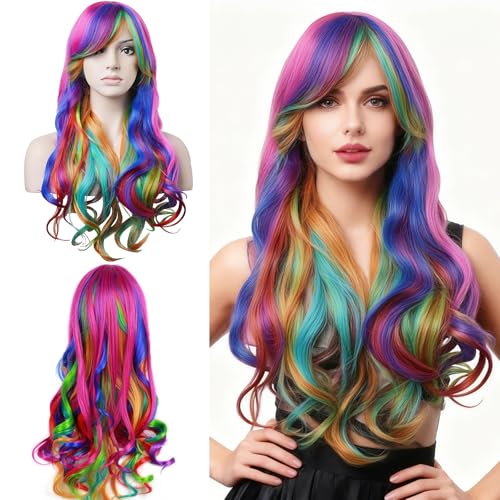 Perücke Bunt Lang Locken,Fasching Perücken Damen Regenbogen,Regenbogen Perücke Locken,Perücken für Damen Fasching,Bunte Perrücke Frauen,Geeignet für Alltag,Cosplay,Halloween,Karneval