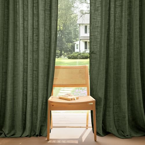 PONY DANCE Leinen Gardinen mit Kräuselband 2er Set Wohnzimmer Vorhänge für Schienen H 260 x B 140 cm Matcha-Grün, Boho Leinenoptik Vorhang Halbtransparent Linen Curtains for Bedroom
