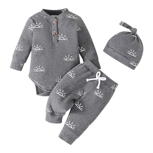 Generisch~2025 Kleinkind Jungen Mädchen Langarm Cartoon Drucke Strampler Einfarbig Hosen Hut Outfits Set Für Kinder Kleidung Baby Winter Junge 56 (Dark Gray, 0-3 Months)
