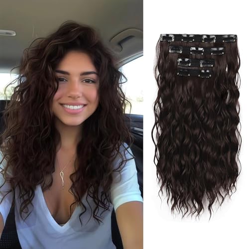 XFSRG 4PCs Clip in Extensions Wellige Clip in Haarverlängerungen Natürliches Synthetik Gewellt Haarteil Haarextension für Damen 35 cm (Dunkelbraun)