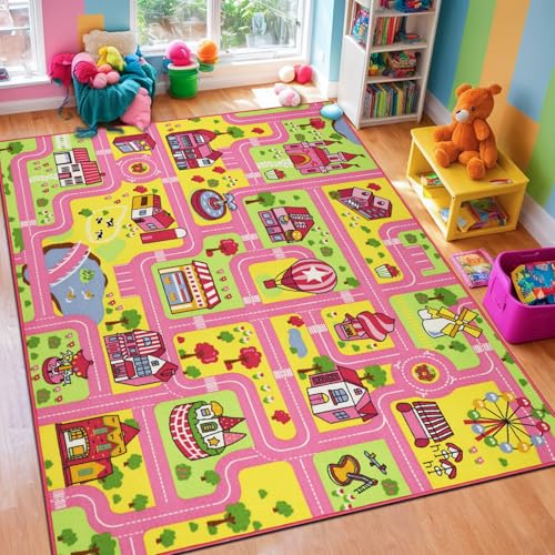 Capslpad Kinder Teppich150x200cm Rosa rutschfest Pastellblau Kinder Spielteppich Waschbar Stadt Straße Kinderteppich Kurzflor Spielmatte Pädagogischer Spielteppich für Mädchen Kinderzimmer Spielzimmer